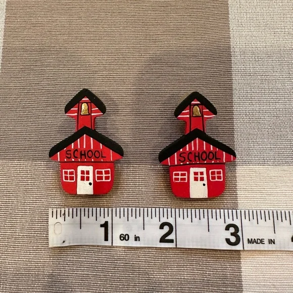 Vintage 90s Y2K Handmade Teacher Jewelry Set Schoolhouse Bus Necklace Earrings - Picture 7 of 13